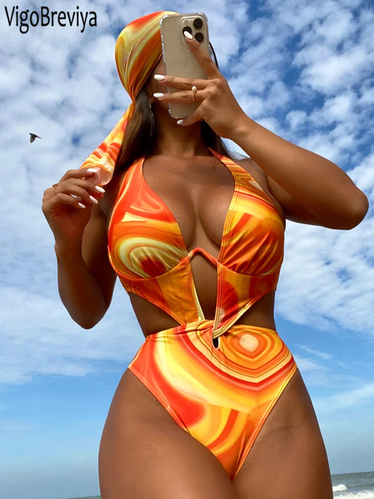 VigoBeviya 2025 Sexy Print Hollow Swimwear Women Tied Halter Push UP One Piece Swimsuit Monokini Backless Beach Bathing Suit