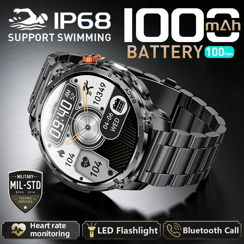 

LIGE New Military Adventure Smartwatch Men 1000mAh big Battery Red White Flashlight 1.75"HD Screen 10ATM Swim Sports Smart Watch