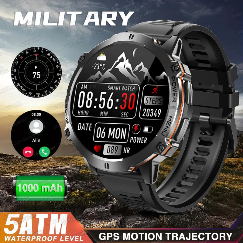 

Новые умные часы 2026 года с аккумулятором 1000 мАч, HD AMOLED-дисплеем, GPS, водонепроницаемостью 5ATM и IP69K, компасом, Bluetooth-звонками, военные спортивные часы для мужчин