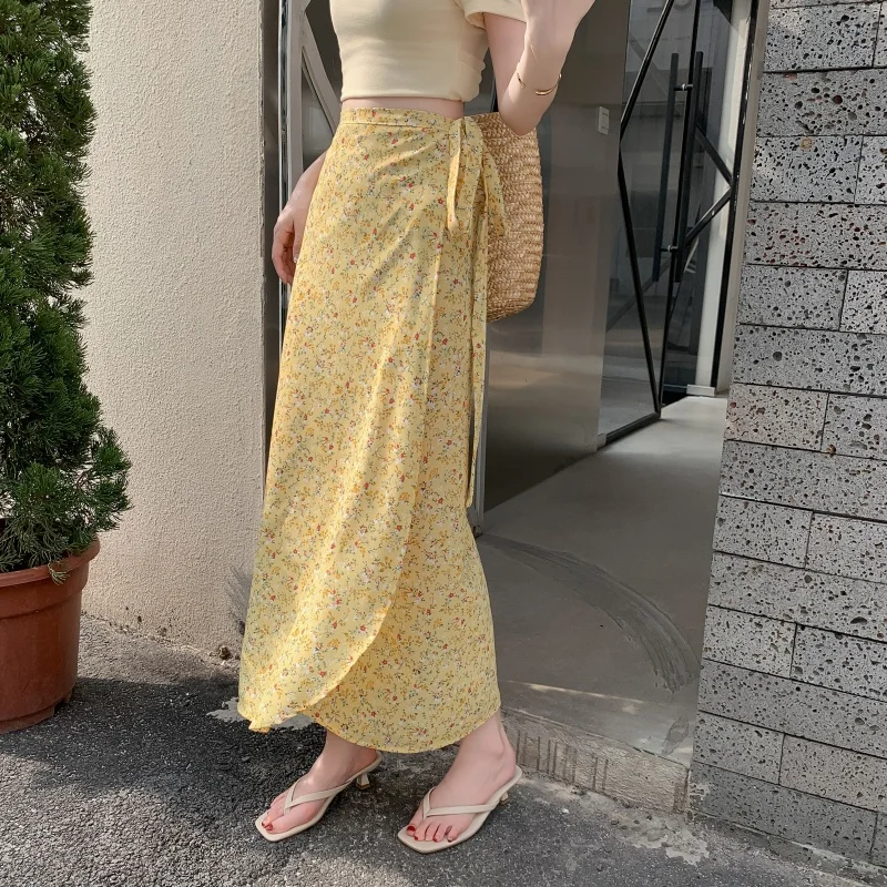 Yellow Floral Print plus Size Beach Sun Protection Half Skirt Women's  Belted A-Line Umbrella Skirt Midi Dress