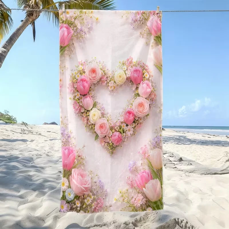 Romantic Floral Heart Beach Towel Pink Rose Tulip Print Towel Soft Absorbent Quick Dry Towel for Women Girls