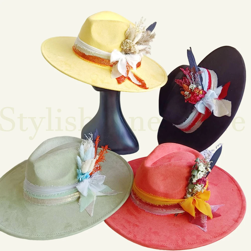 

Suede hat 9.5cm wide brim retro fedora hat dried flower feather accessories wedding hat autumn and winter fashion new style