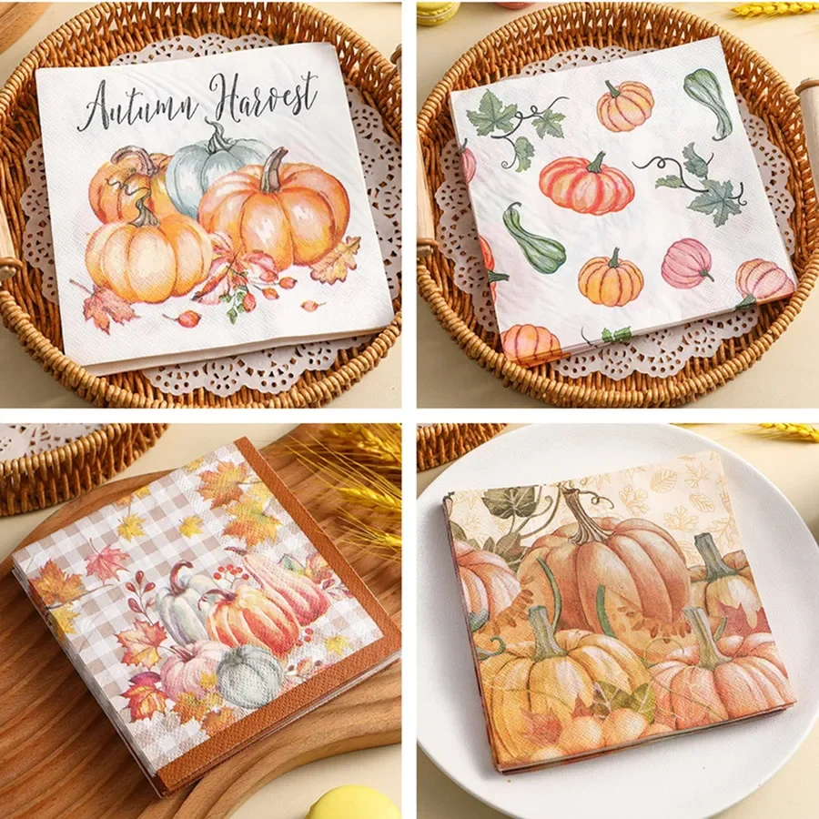 

20Pcs/pack Thanksgiving Pumpkin Tissue Two Layer Printed Handkerchief Party Decoration Table Dinner Paper