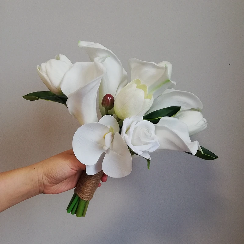 Holding Flowers Artificial Natural Calla Lily Wedding Bouquet with Silk Tulip Pure White Bridesmaid Bridal Party Бутоньерки