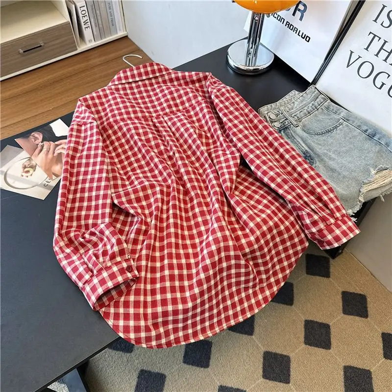 Harajuku Damen Rote Karierte Hemden Frühling Sommer Streetwear Hemden Langarm Kragen Knopfverschluss Retro Sonnenschutzkleidung – Detail 5