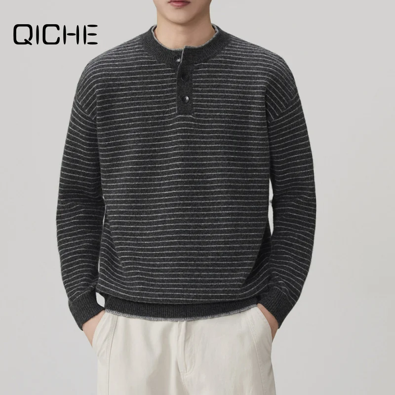 QICHE Men Autumn Winter Color Contrast Stripe Knitwear Japanese Vintage Trendy Thick Warm Henley Collar Wool Sweater Inner Top