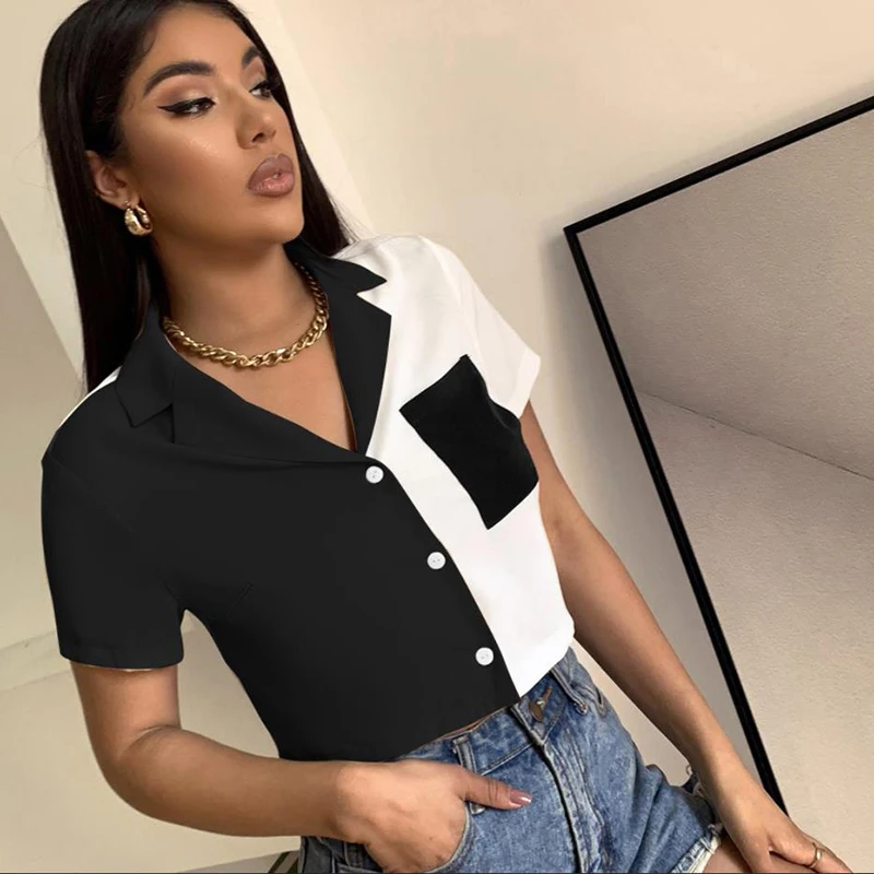 

Office Lady Short Sleeve Patchwork Shirts Women New Summer Turn-down Collar Button Crop Tops Pocket Chiffon Blouses Black Khaki