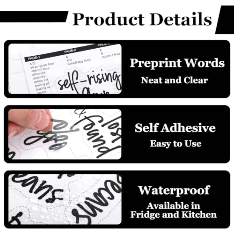 168 قطعة من ملصقات مخزن لحاويات تخزين المواد الغذائية، ملصقات مقاومة لزيت الماء مطبوعة مسبقًا لمرطبانات تنظيم المطبخ B