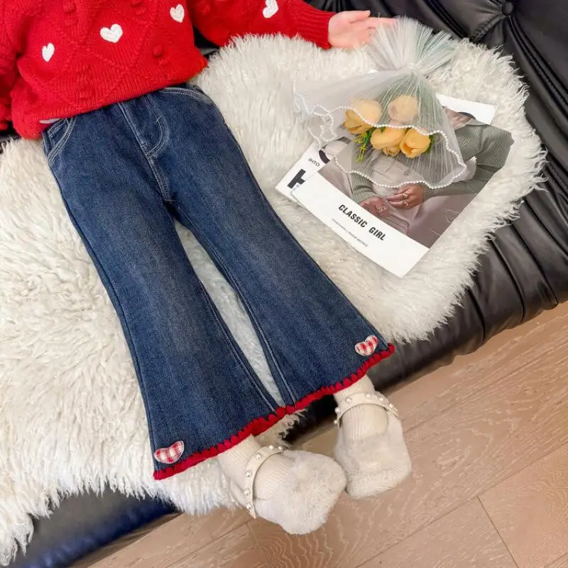 

Зимние утепленные джинсы-клеш для девочек, осенние широкие брюки, универсальные детские теплые кавайные модные повседневные одежды, домашняя одежда