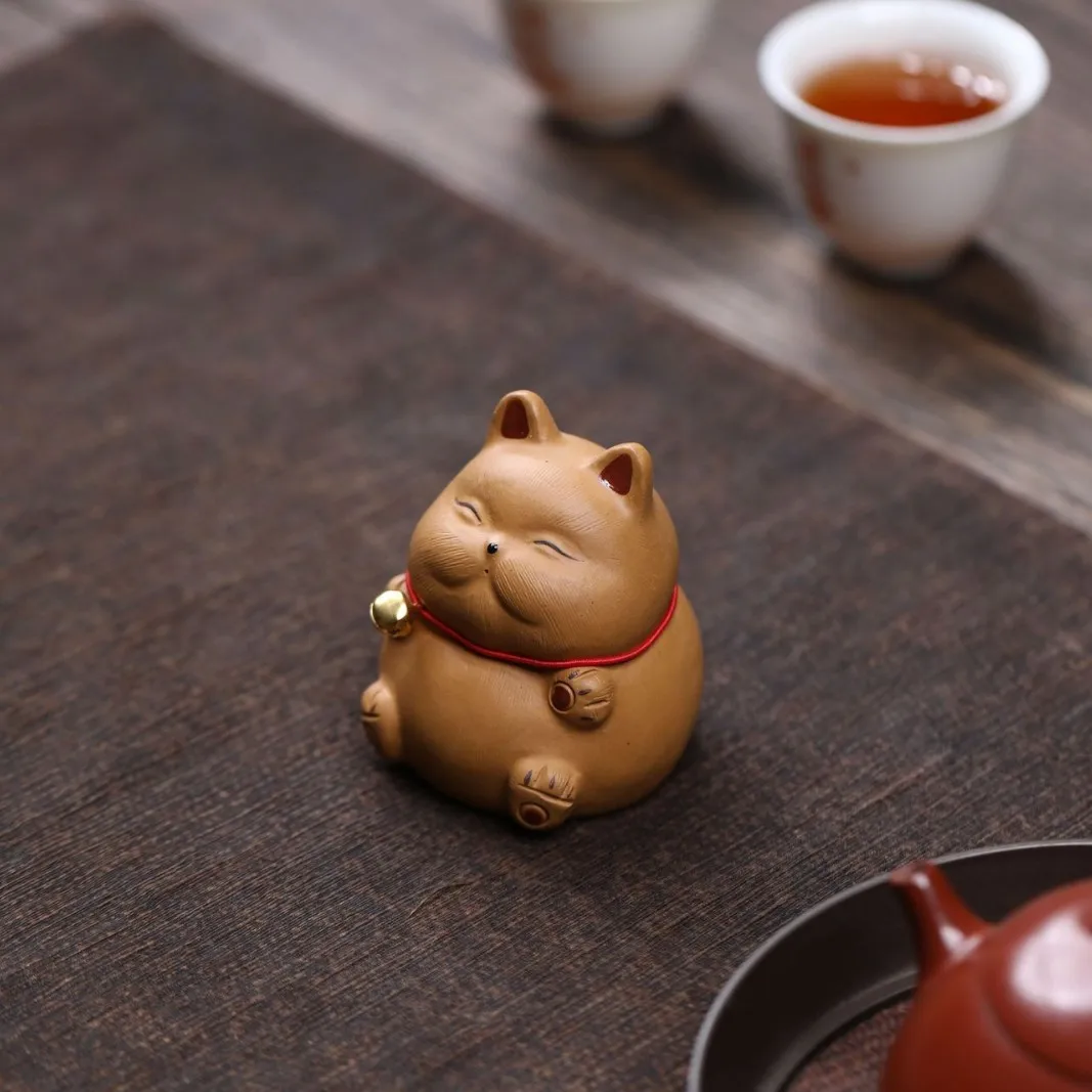 Bell Handmade Purple Clay Pet Creative Ornament Cute Fortune Cat Desktop Tea Table Decoration Small Gift For Someone