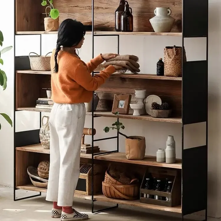 Wabi Sandy Wind Large Wrought Iron Solid Wood Display Cabinet Old Pine Three-grid Bookcase Vintage Log Floor-to-wall Bookshelf