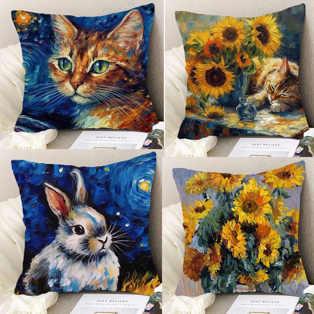 

Van Gogh Oil Painting Pillows Case Sunflower and Cat Pillowcases for Pillows Garden Chair Pillow Cover for Sofa Bed Room Home