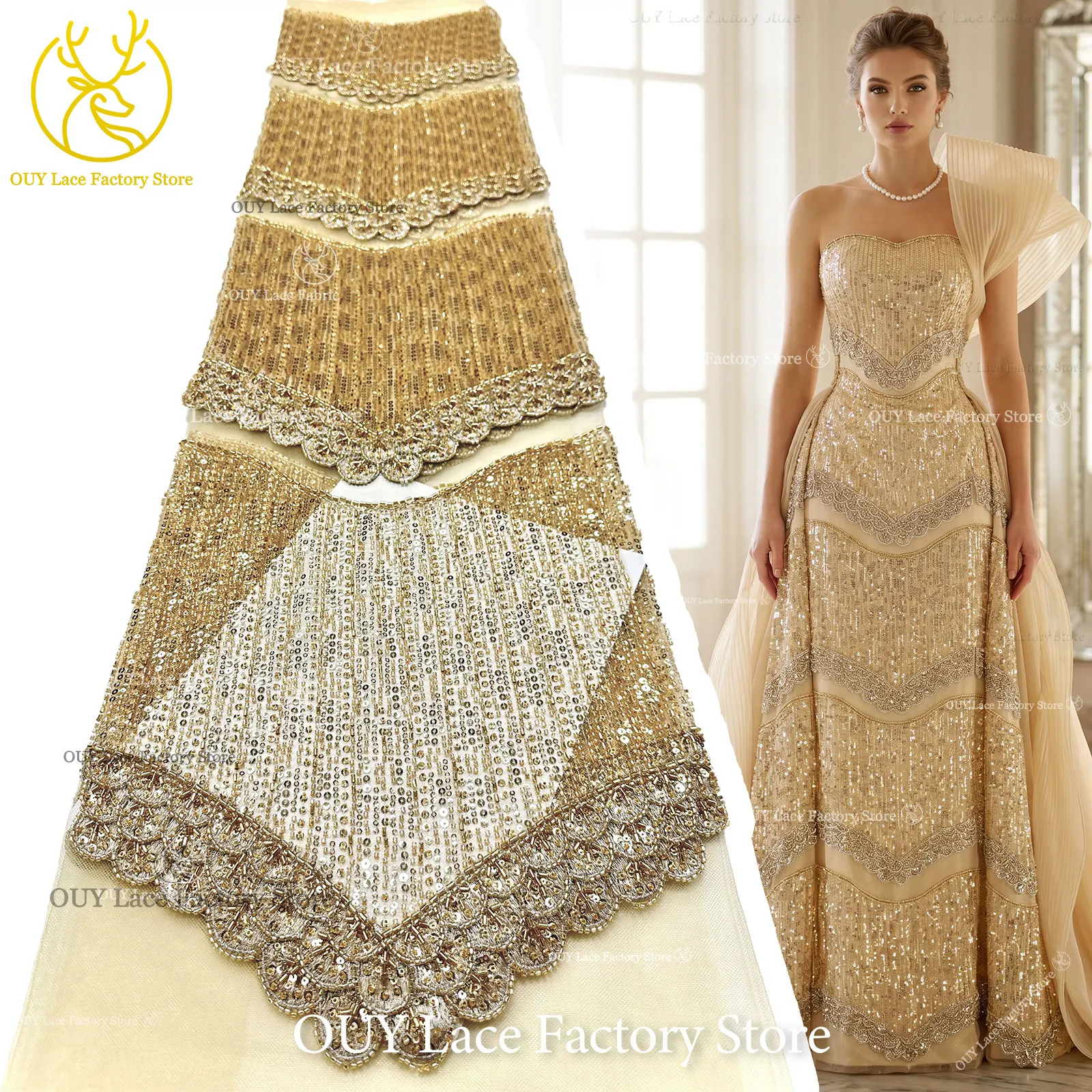 

3D Gold Luxury French Embroidery Sequins Lace Fabric 2026 High-End African Beaded Lace Fabric For Wedding Party Dress Sewing