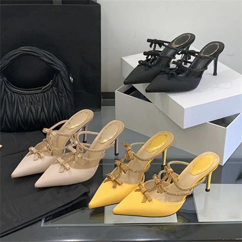 

Aneikeh/2026, летняя модная элегантная пикантная обувь на тонком высоком каблуке, туфли-лодочки с острым носком, сандалии с бантом и кристаллами, женские тапочки