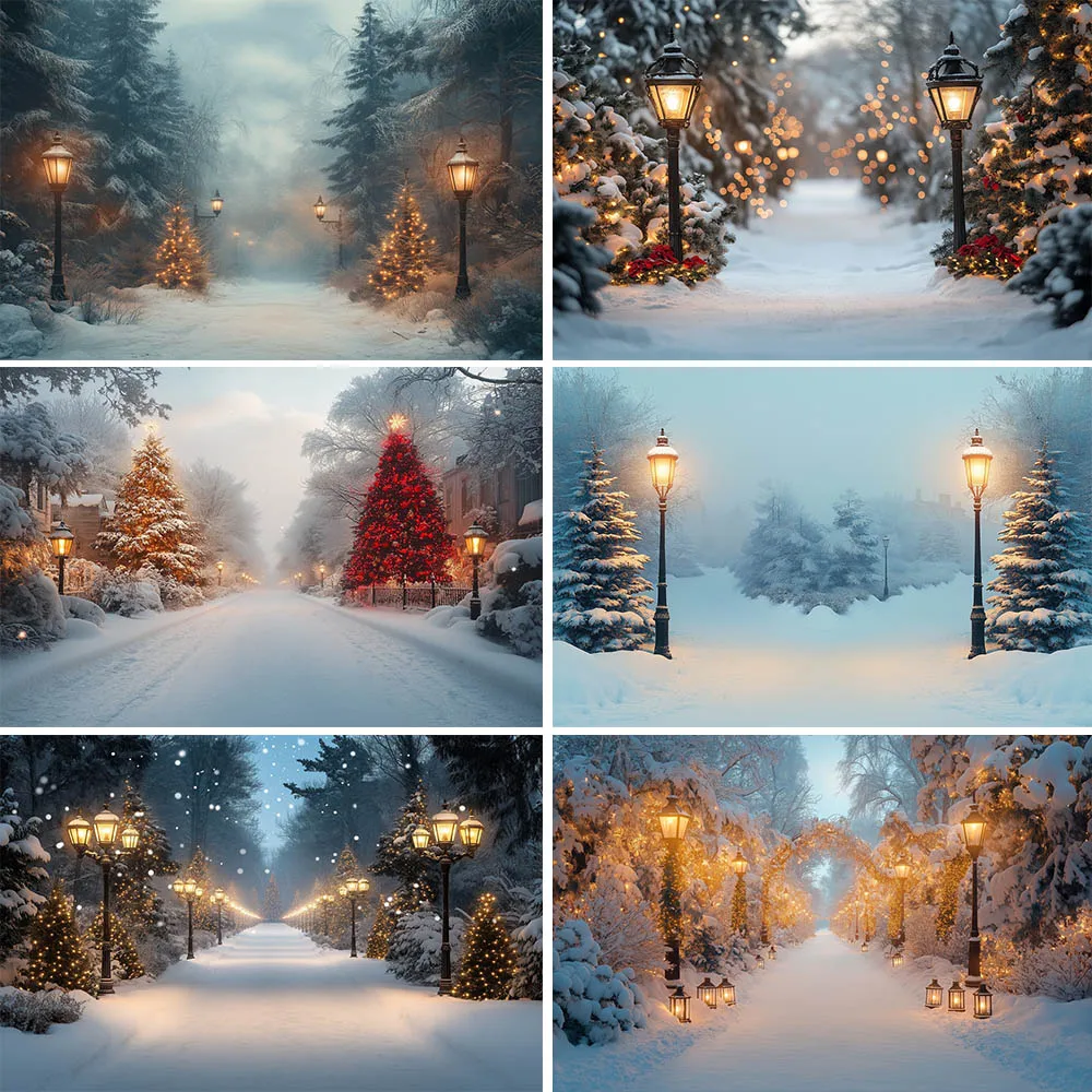 Mocsicka Winter Street Backdrop for Photography Christmas Tree Snowfield Snow Tree Lamp Xmas Outdoor Kids Photo Background Props