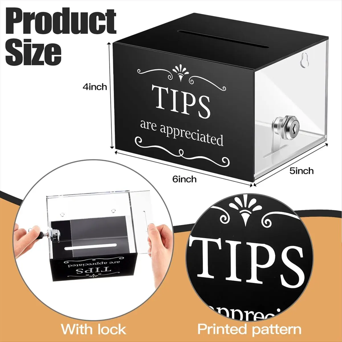 FTGT-Tip Jars for Money 6 X 4 X 5 Inch Tip Collection Box with Lock Donation Suggestion Box for Tip Storage Raffling Box