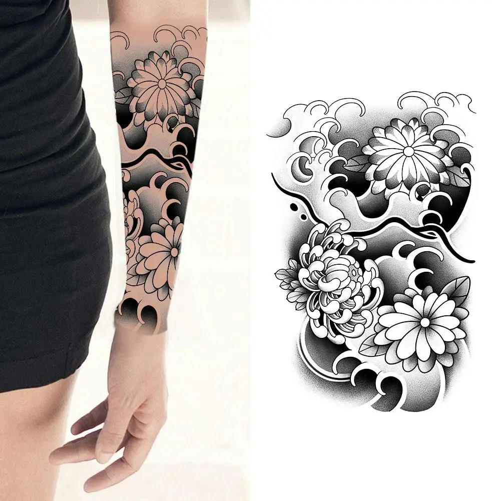 Tatuagem de flores de meia manga estilo japonês, semanas temporárias impermeáveis, realista, duradoura, tatuagem semi-permanente, N5I8, 1-2