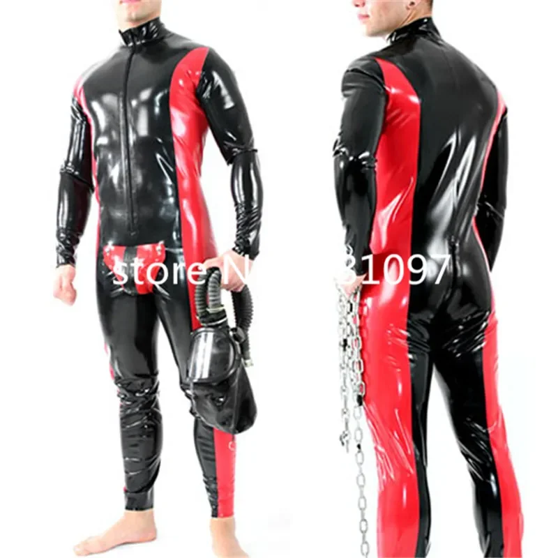 Latex Rubber Catsuit For Men Red with Black Sexy Bodysuit Party Club Wear Front Zipper Custom Made