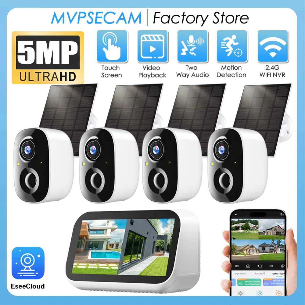

4.39 Inch Mini Baby Monitor Surveillance 4CH 5MP CCTV Touch LCD Screen NVR Home Security Wireless Solar Battery Camera System