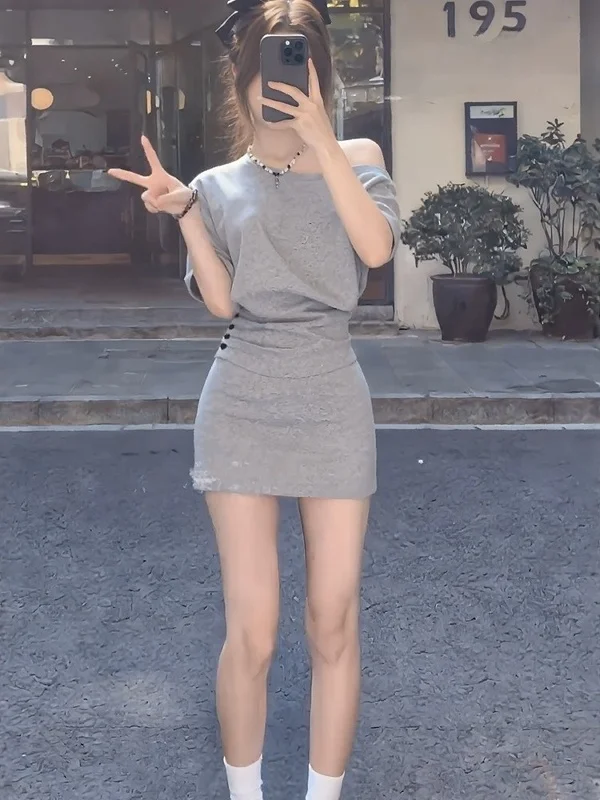 

Casual Korean Style Slimming Summer Set Short Sleeve High Waist Two-Piece Suit for Short Women Fashionable Design Thinming
