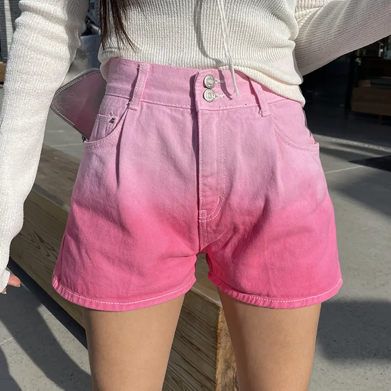 

Pink Washed High Waist Slimming Denim Shorts Two Buttons Gradient Color Women's Fashion Spring Summer Autumn Casual Shorts