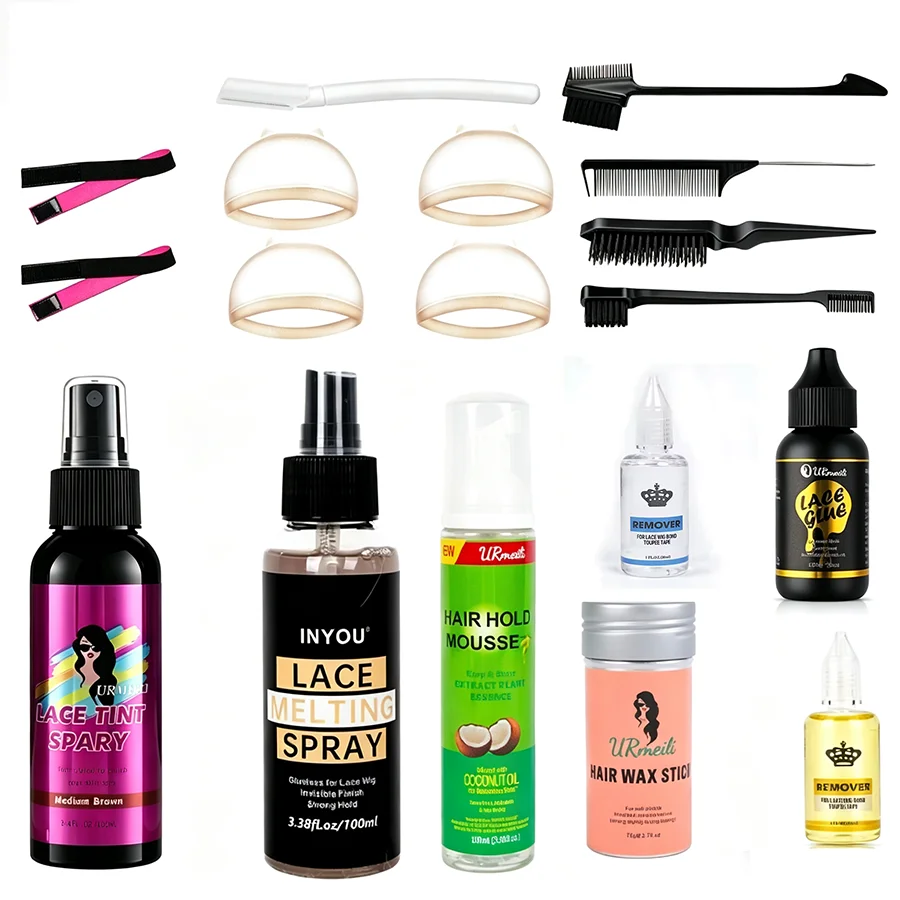 18pcs Ultimate Wig Install Kit with Lace Tint Mousse Melting Spray Glue and hair wax stick lace glue Set