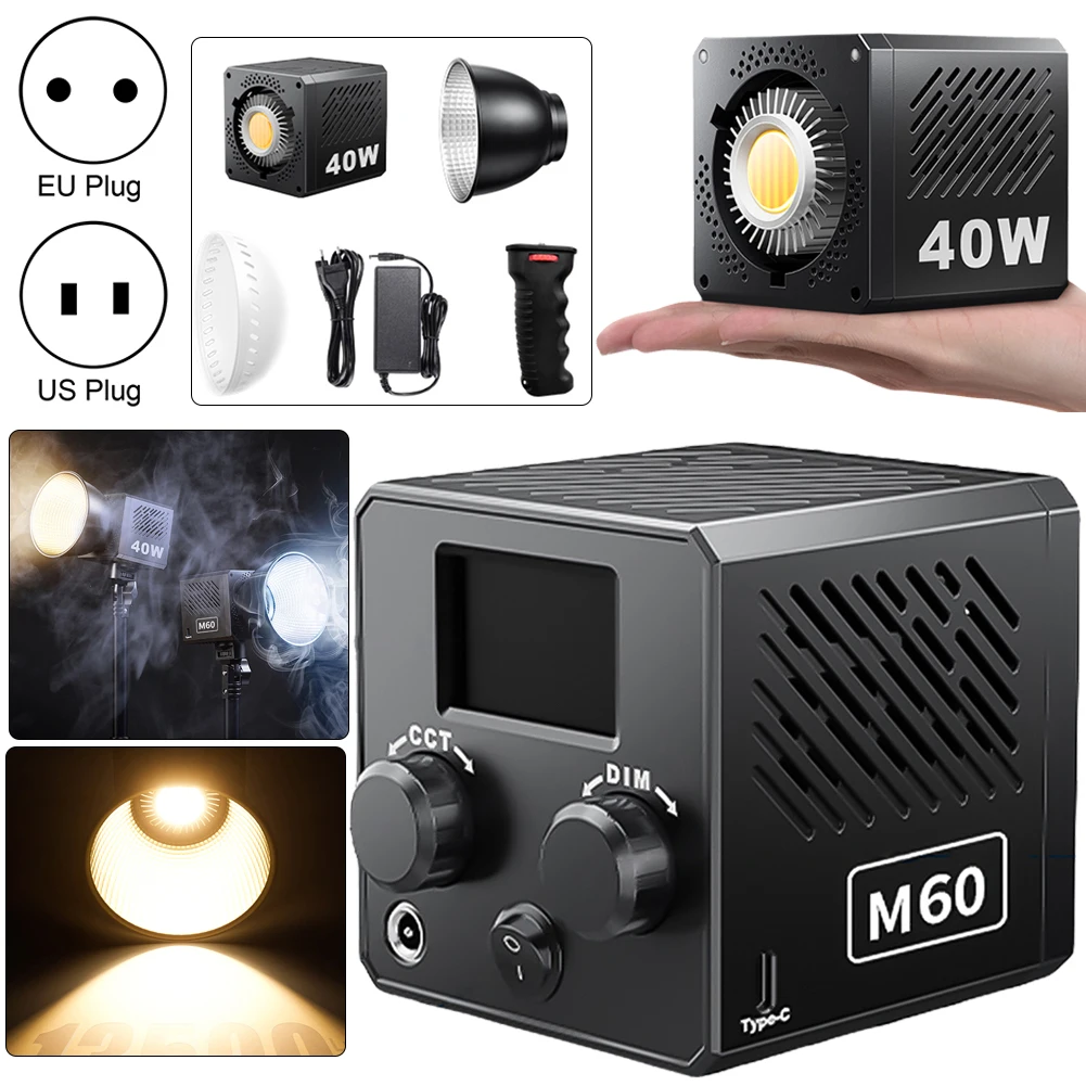 

40W LED Video Light 2500K-6500K Bi-Color COB Light Fill Light Mini Bowens Mount Video Light 3400mAh for Video Live Streaming