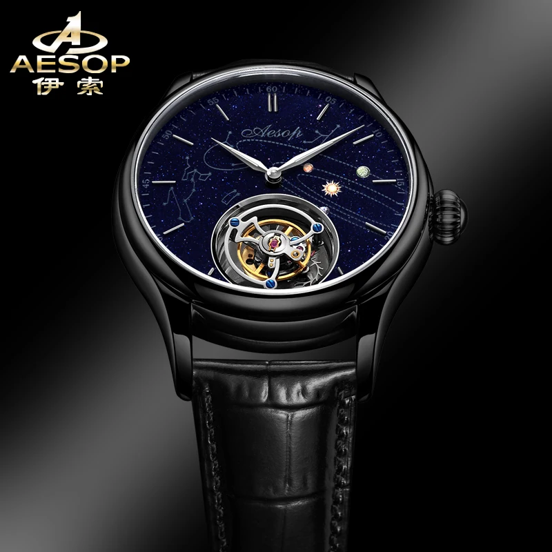 Aesop Flying Tourbillon Movement Original Watch Sapphire Fashion Men\'s Watch Blue Sandstone Dial Mechanical Watches For Men 7025