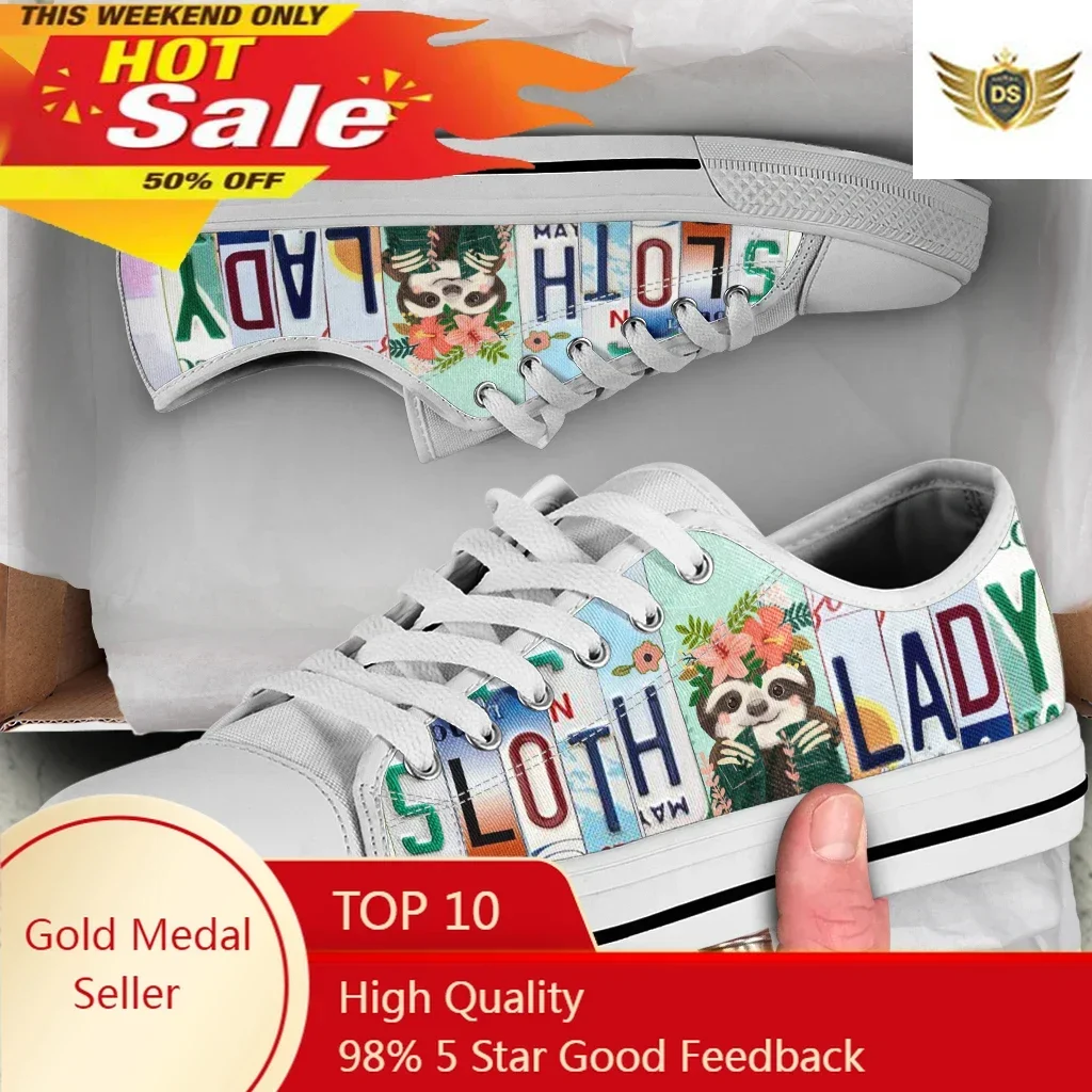 

License Plate Sloth Lady Cute Women Canvas Shoes Low Top Vulcanized Sneakers Light Comfort Flats Plus Size 12 13