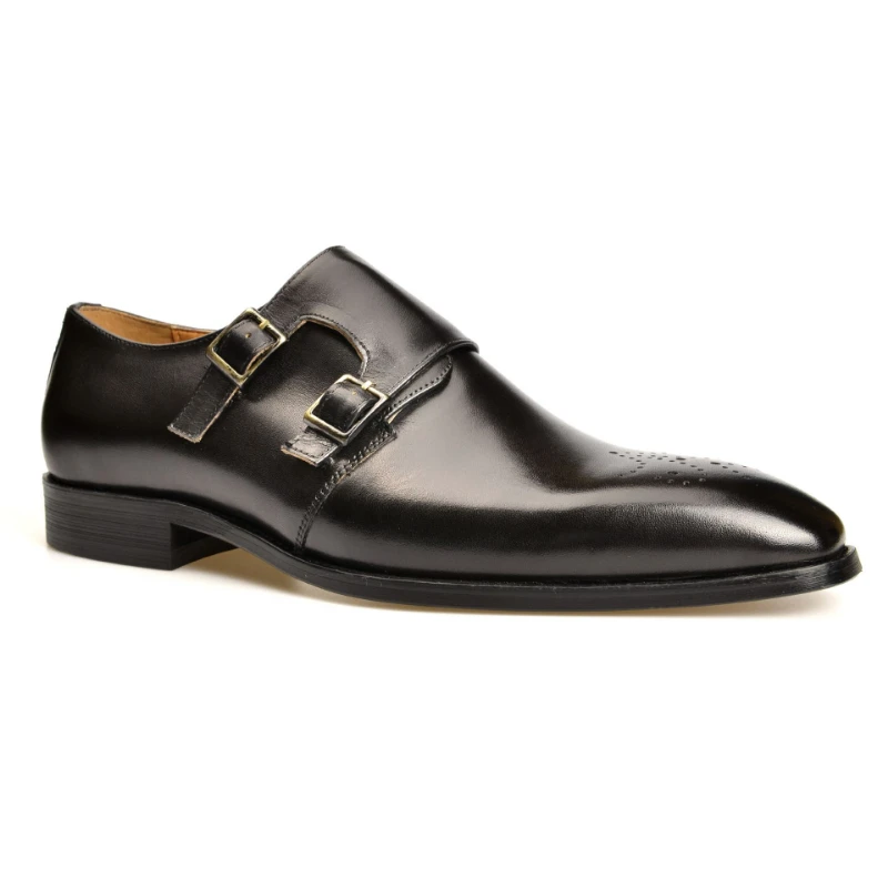 Mengke-zapatos de cuero hechos a mano con doble hebilla para hombre, traje de un pie con punta cuadrada, Goodyear