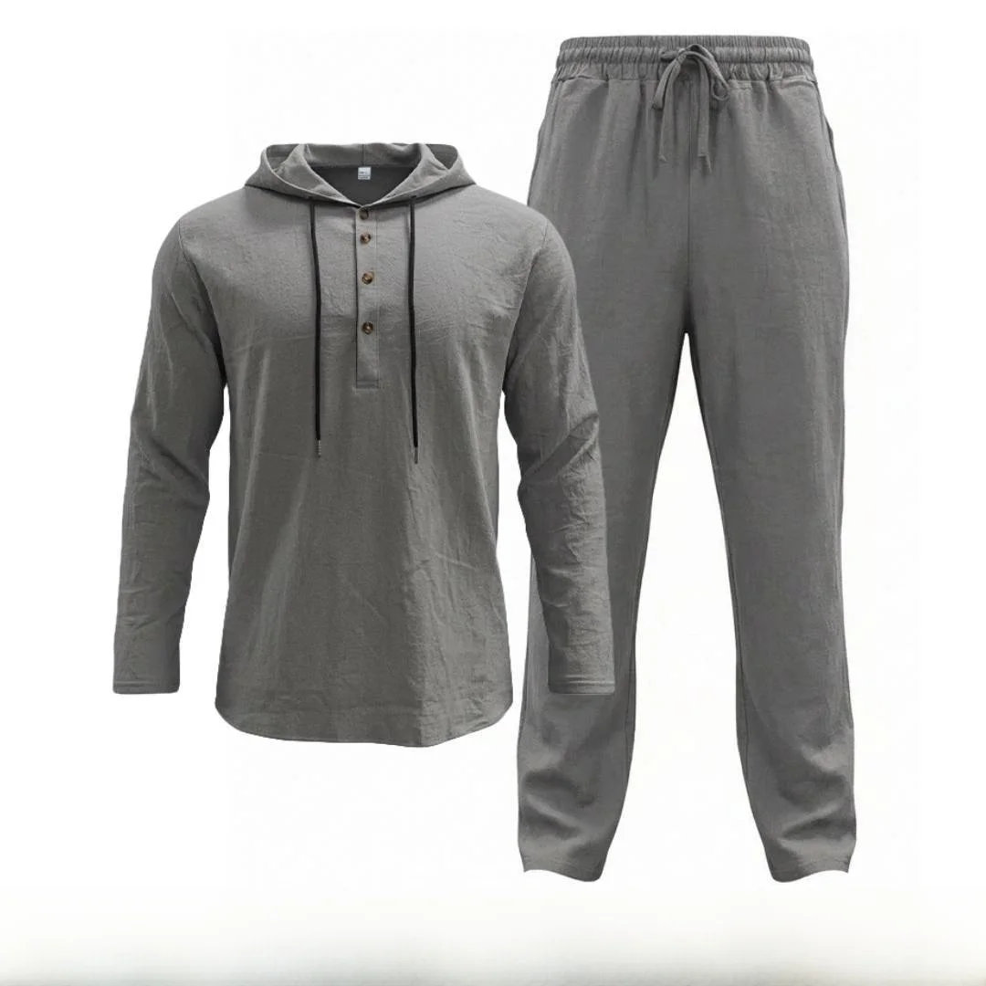 

Loose Men's Linen Color Hooded Drawstring Long Sleeve Long Pants Casual Set Spring Season Full Length YC-190