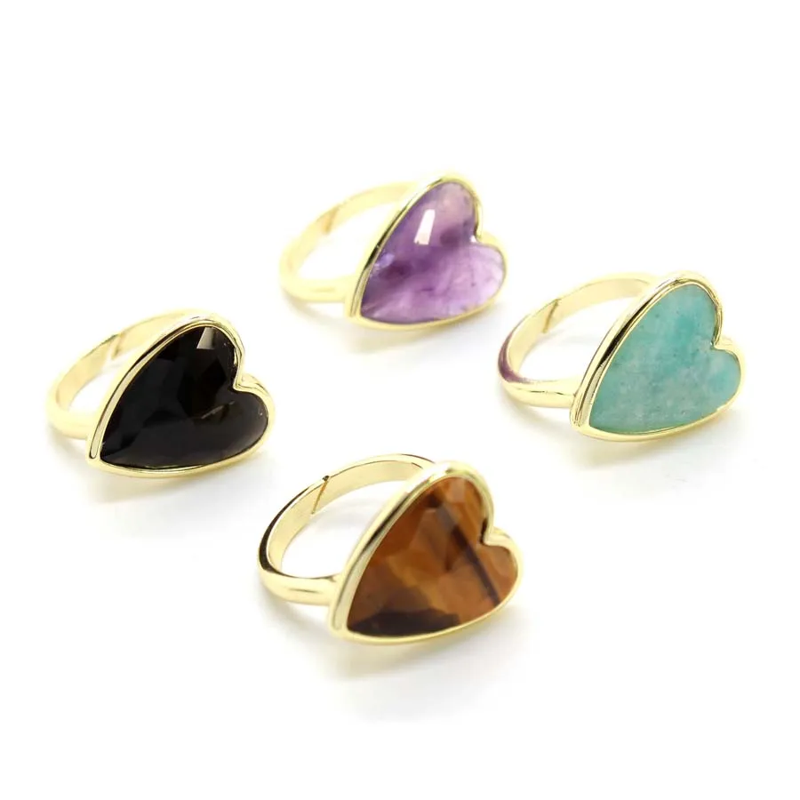 Charms Natural Healing Crystal Heart Stone Rings For Women Amethyst Rose Quartz Adjustable Finger Ring Choice Men Jewelry Gifts