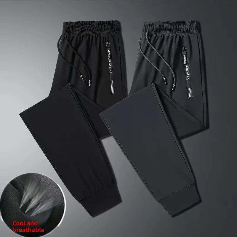 

Qui Dry Ice Silk Men's Casual Sports Pants Large Size Summer Breathable Thin Long Trousers Zipper ket Straight Leg Pants