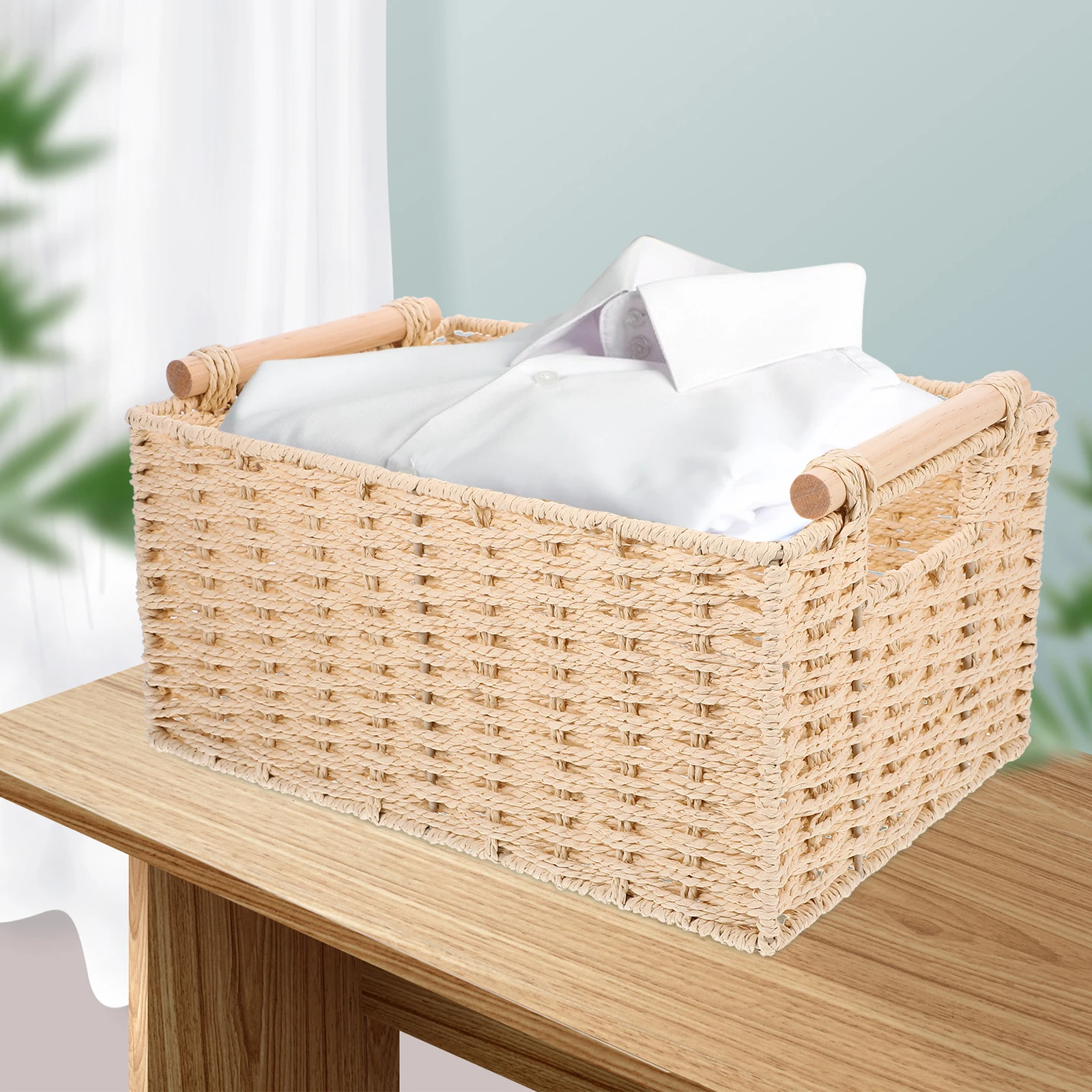

2pcs Woven Storage Basket 31x23x15cm Cloth Liner Wooden Handle Home ganizer Desktop Container for Toys Clothes Sundry