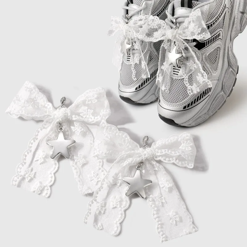 1Pair Y2k Lace Bow Shoelace Buckle Sneakers Decorative Charm Shoe Flower Buckle Women's Bag Pendant Bow Key Chain Accessorie