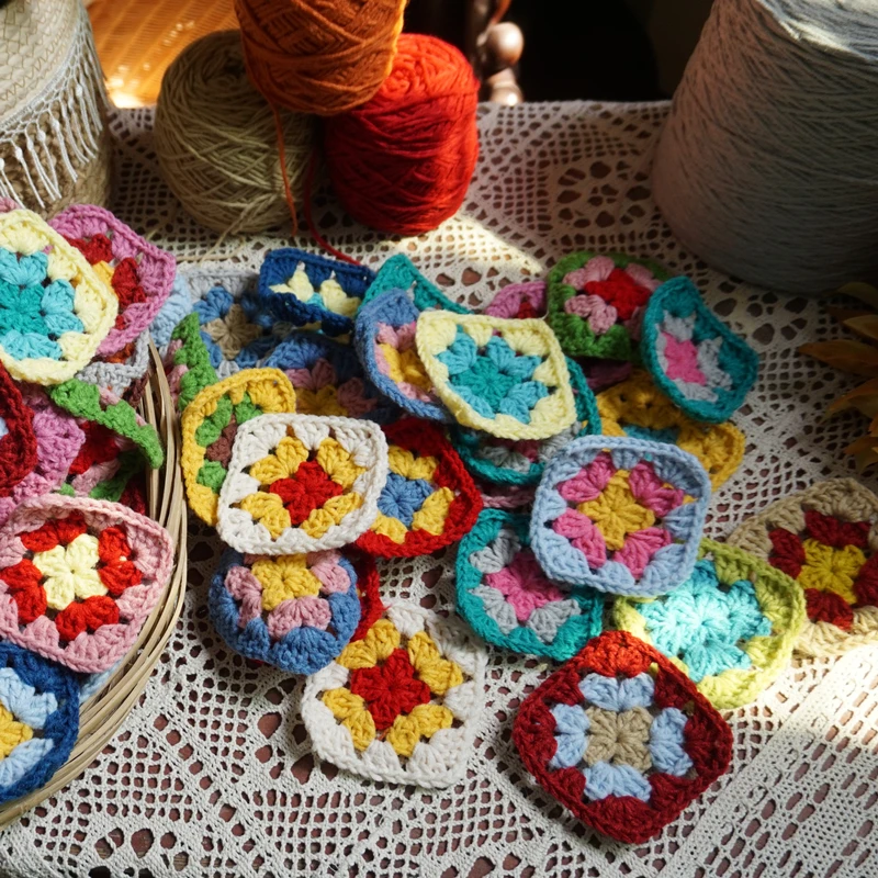 Crochet Doilies Multicolor Coasters Square Table Mats Decoration Handmade Crochet Cup Pad 9cm Wool Clothes Patch 50pcs/lot