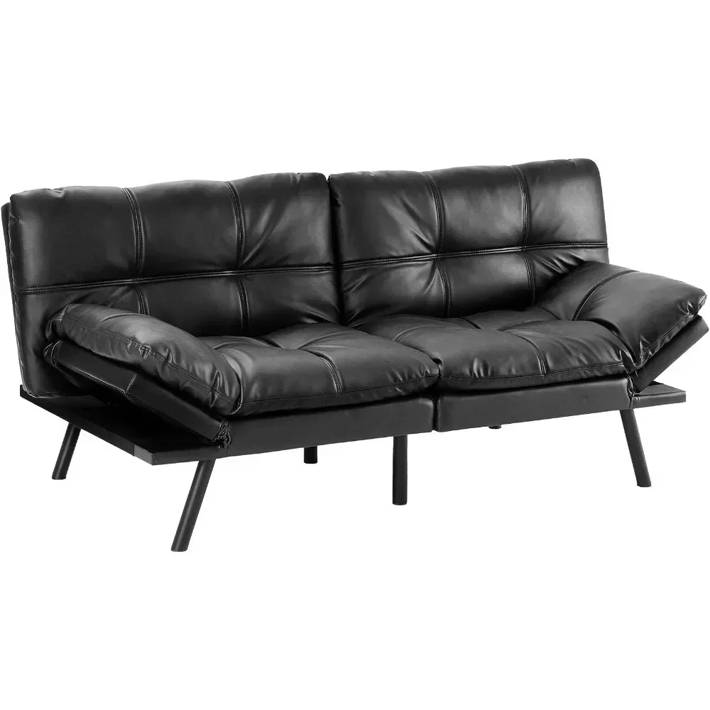 Sofa Bed -  Convertible Futon Couch, Memory Foam Couch Convertible Loveseat for Living Room, Leather, Black