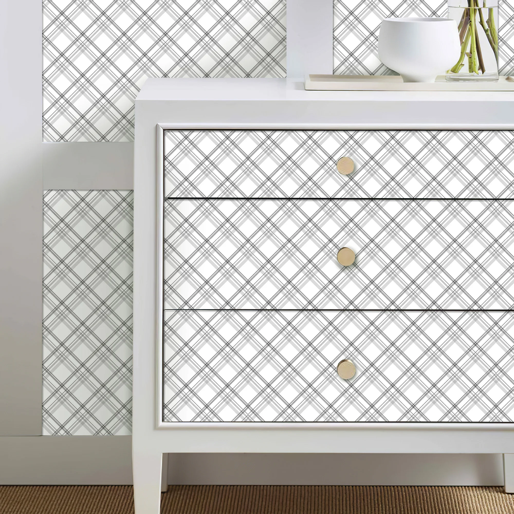 Black and white fine grid self-adhesive wallpaper Modern waterproof and oil resistant light checkered furniture renovation