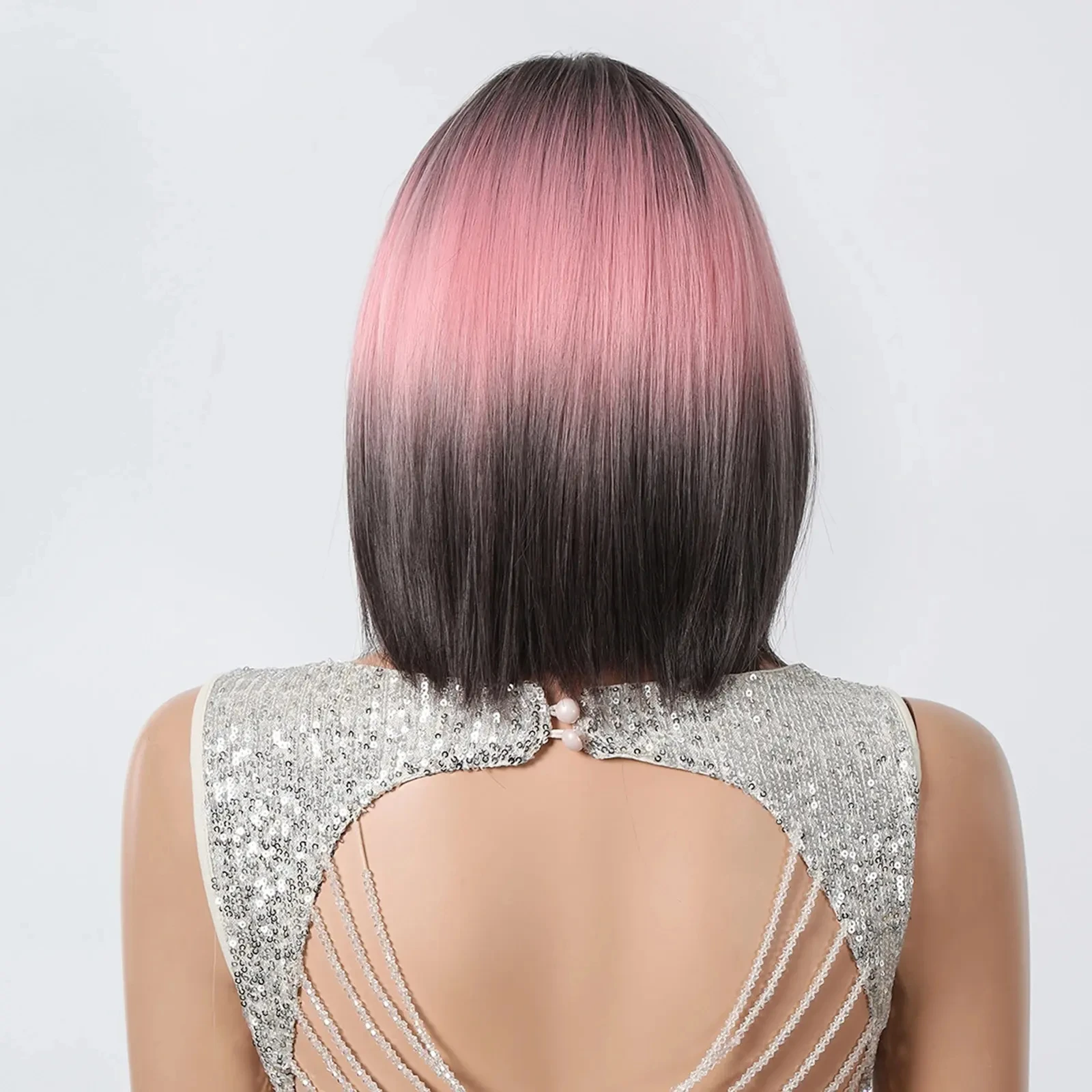 ALAN EATON Short Ombre Pink Black Hair Wig Synthetic Bob Wigs with Bangs Pink Straight Wig for Women Party Use Heat Resistant