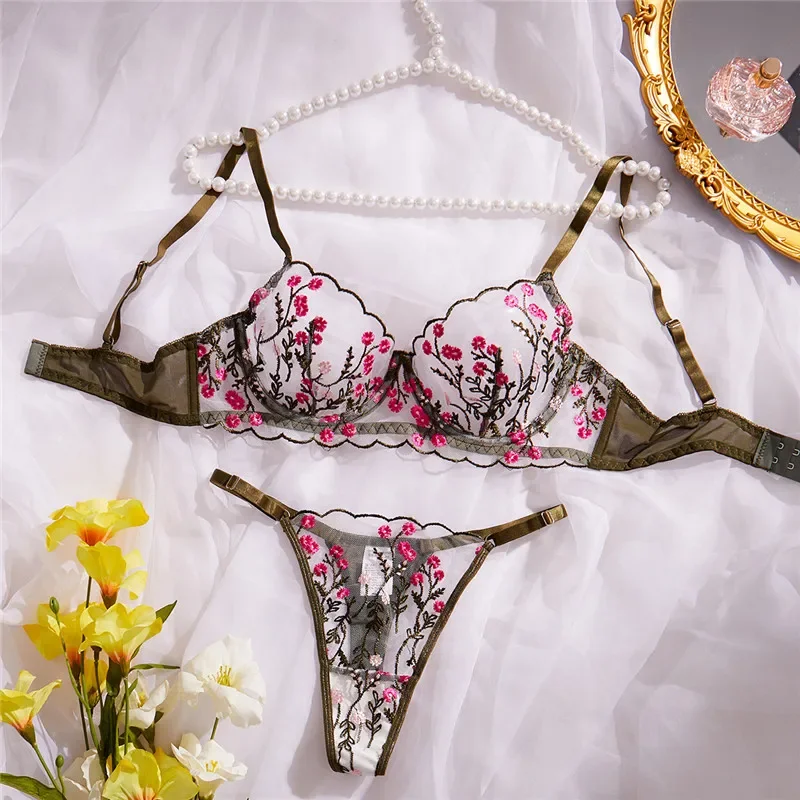 

Sexy Lace Bra Sets Women Romantic Lingerie Transparent Underwear Thong See Through Exotic Sets Embroidery Floral Bra Brief Set