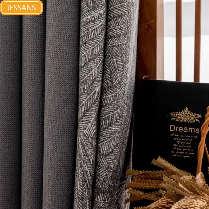 

New Gray Linen Texture Stitching Blackout Curtains for Living Room Bedroom Floor-to-ceiling Windows Custom Plant Jacquard