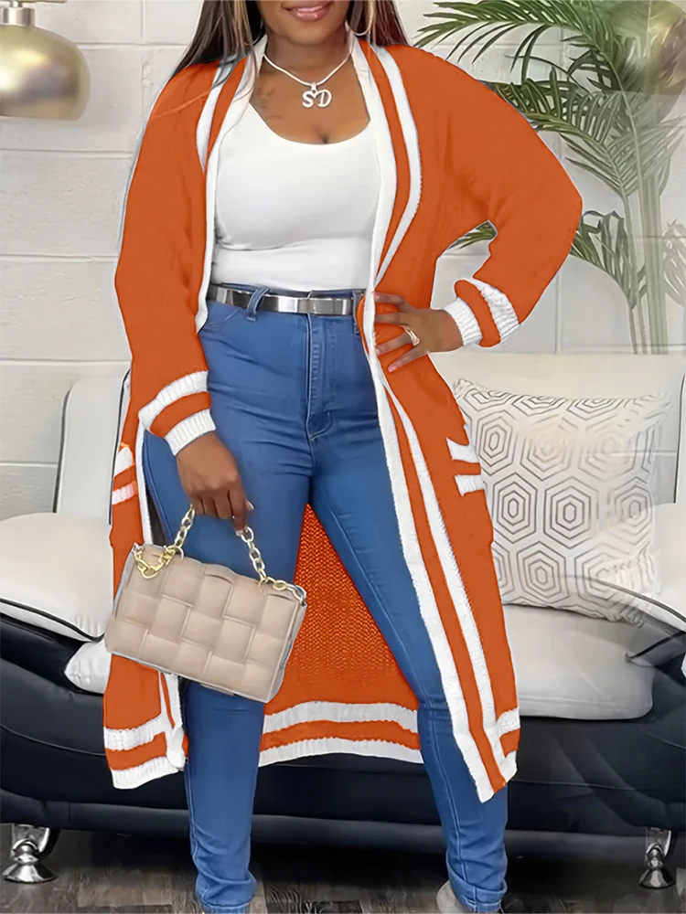 

Кардиган средней длины в полоску с цветными блоками для отдыха на весну и осень больших размеров, подходит для осенне-зимнего дома, на каждый день