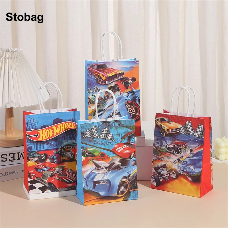 

StoBag 24pcs Cartoon Car Kraft paper Gift Tote Packaging Bags Children for Candy Storage Baking Pouch Birthday Party Favors