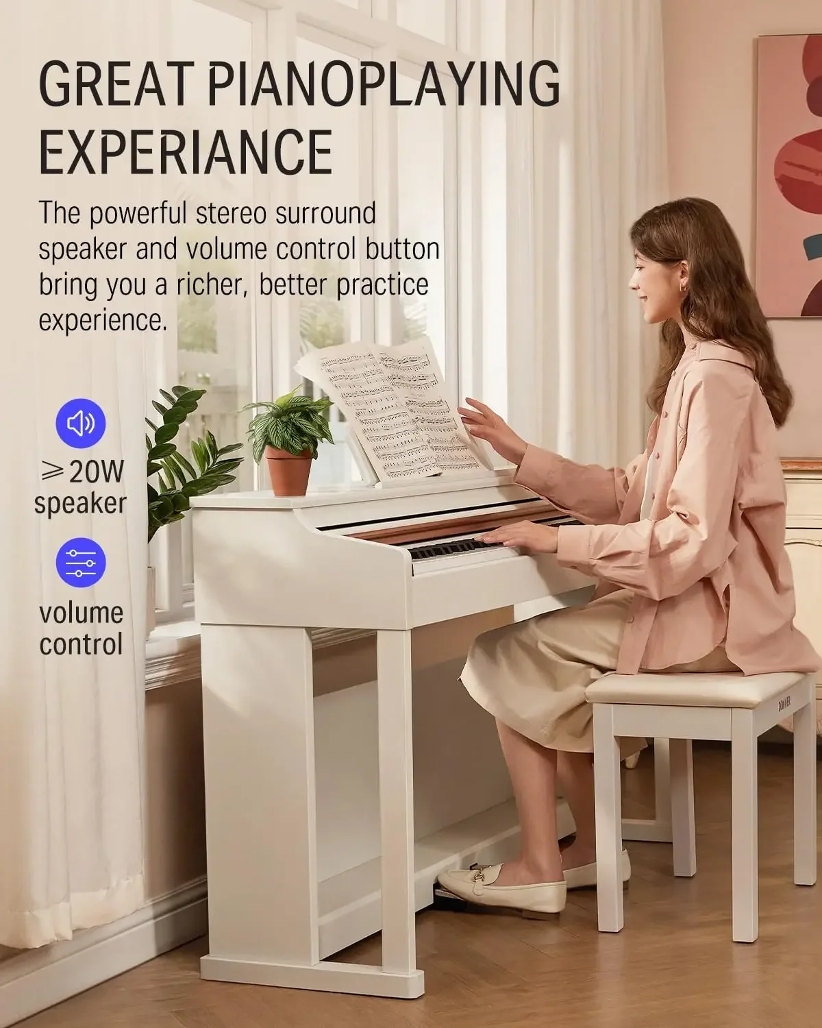 DDP-100 88-Key Weighted Action Digital Piano, Beginner keyboard piano Bundle with Furniture Stand, Power Adapter, White