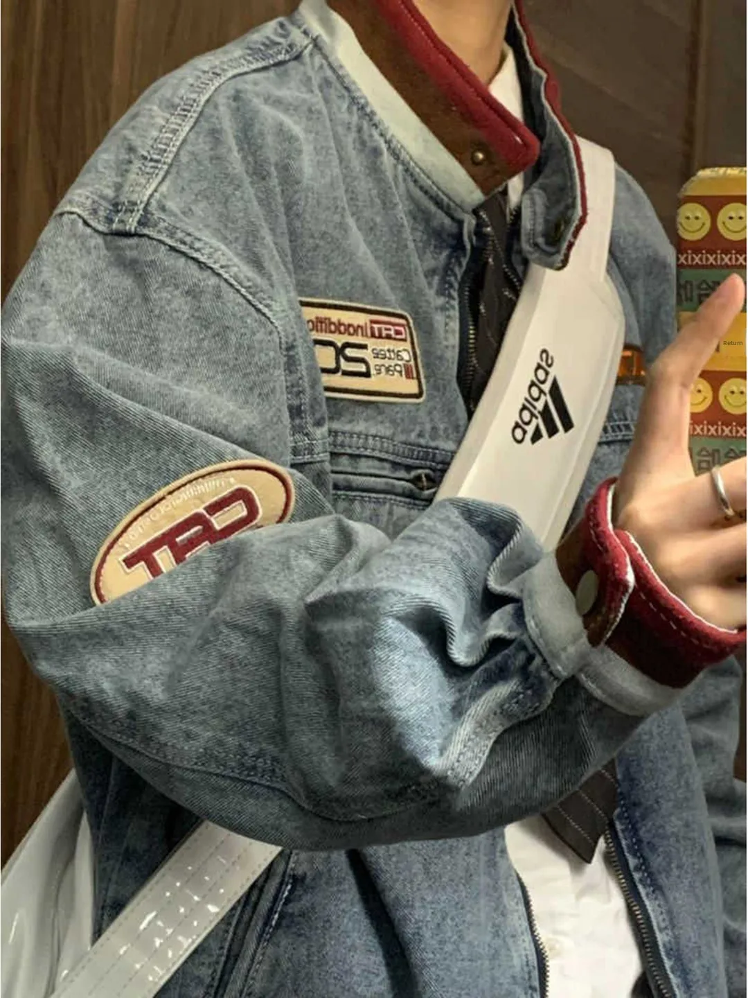 

Retro American Color Blo Stand Collar Denim Jaet Trendy High Street Hip Hop Men's Jaet Haome Clothes Polyester Cotto...