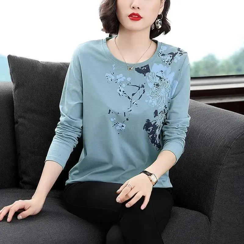 Spring Autumn Fashion Women T-Shirt Long Sleeve O-Neck Casual Clothing Printing Vintage Cotton Loose Pullover Female Tops 4XL