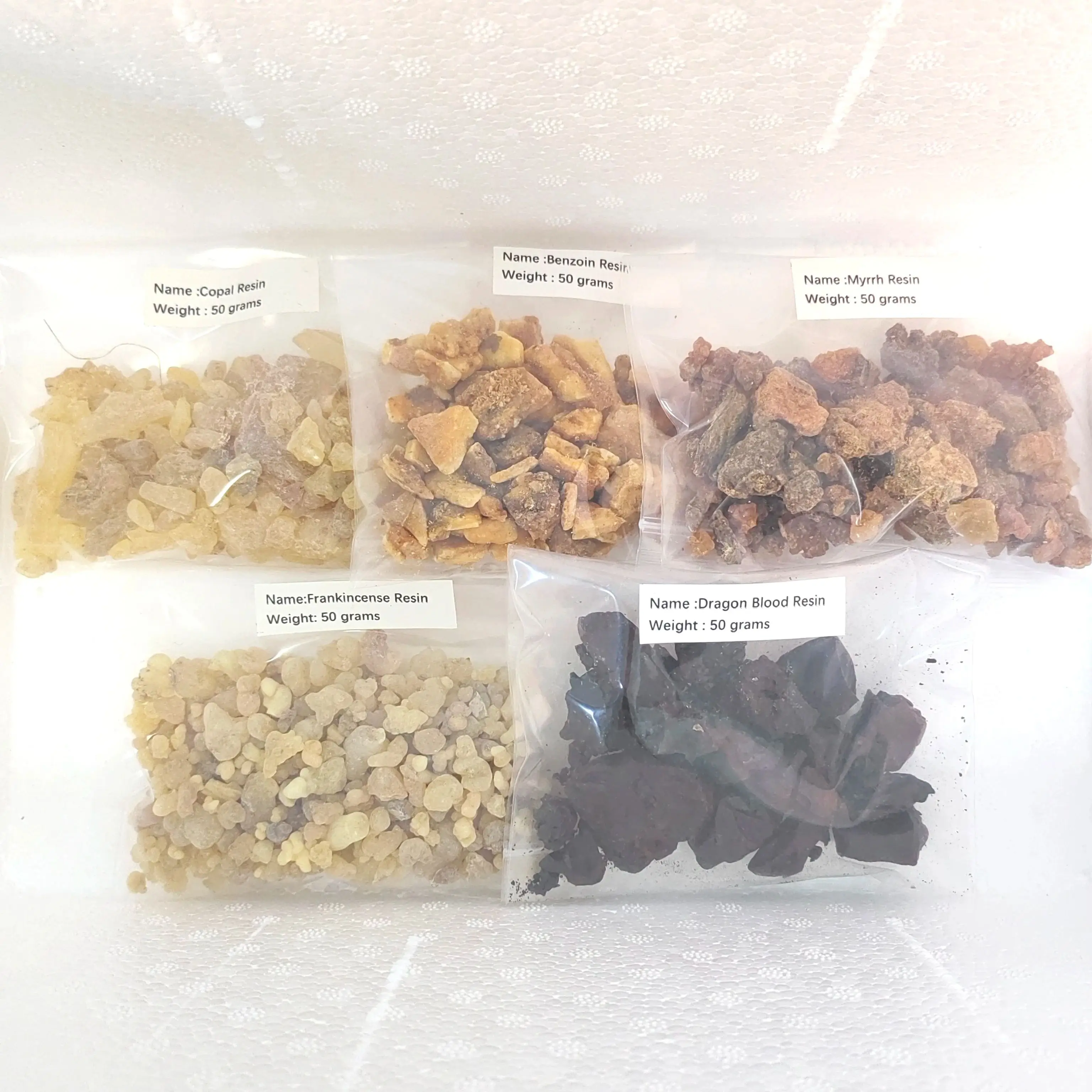 Incienso de resina, zappa de goma de árbol natural, paquete variado de 5x50 g, que incluye incienso y mirra, copal, sangre de dragón benzoina