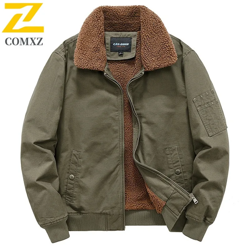 COMXZ 2025 سترة رجالية مبطنة بالصوف سميكة من القطن المغسول سترة شتوية خارجية غير رسمية بياقة مقلوبة #1