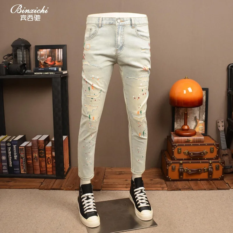 Men's Summer Denim Pants, Thin and Light, Vintage Style, Washed with Torn Paint Effect and Patches, Stretch Slim Skinny, Versati