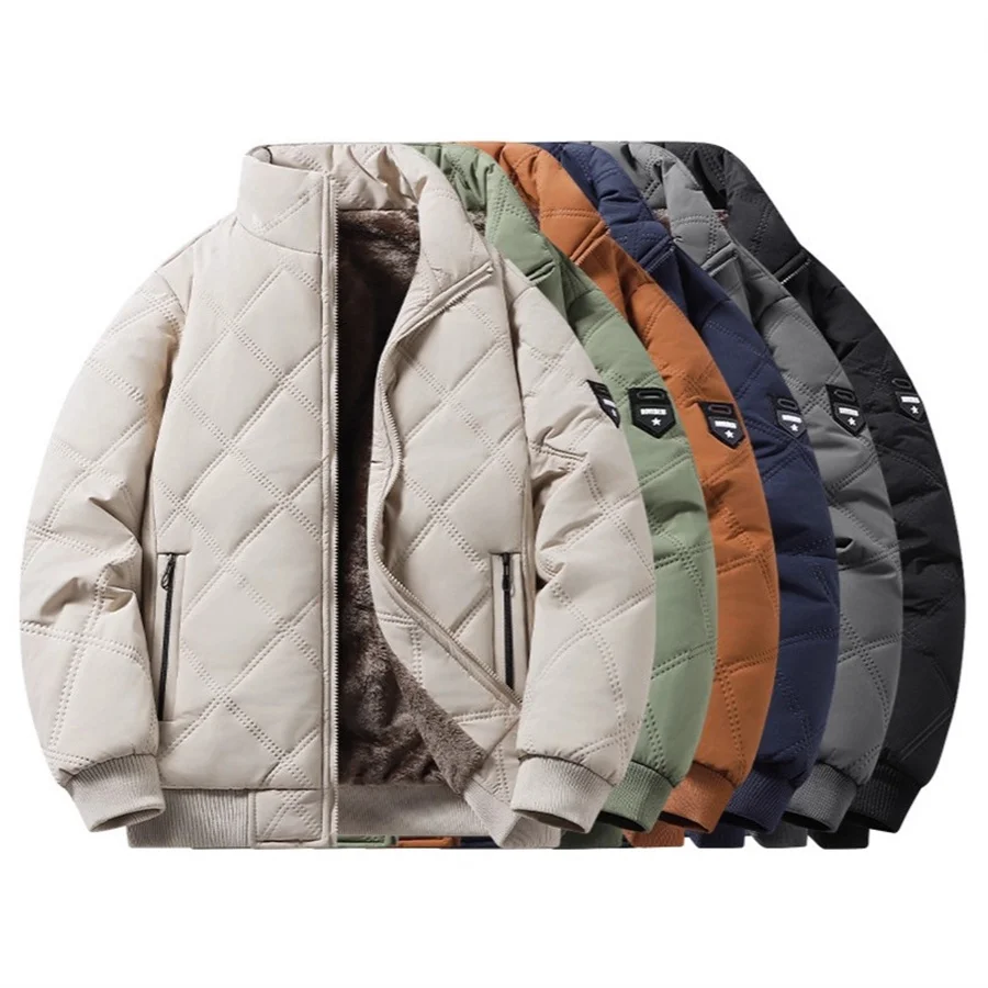 Stand Collar Men's Winter Warm Jacket Fleece Slim Fit Solid Coat Casual Cold-proof Parka for Men Clothing Windbreaker Outerwear